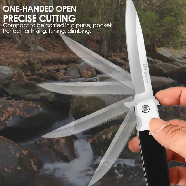 Alt view image 7 of 7 - Pocket Knife, Folding Wood Knives Blade 4in, Foldable Survival Small Knife with Pocket Clip, Sharp Steel Blade, Button Lock & Glass Breaker for Everyday Carry EDC Hunting Camping