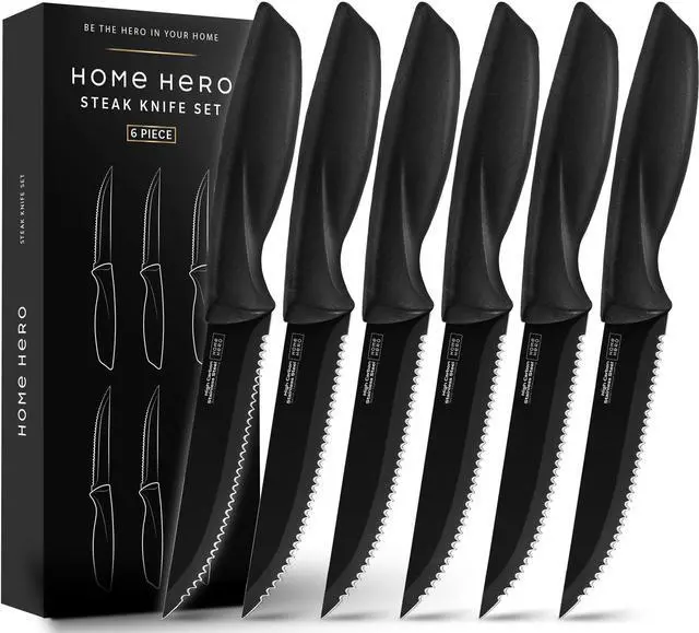 Main image of Steak Knife Set - Nonstick Serrated Steak Knives - Stainless-Steel Kitchen Knife Set - Ergonomic TPR Handles for Precision Meat Carver - 6-Pc Set, Black