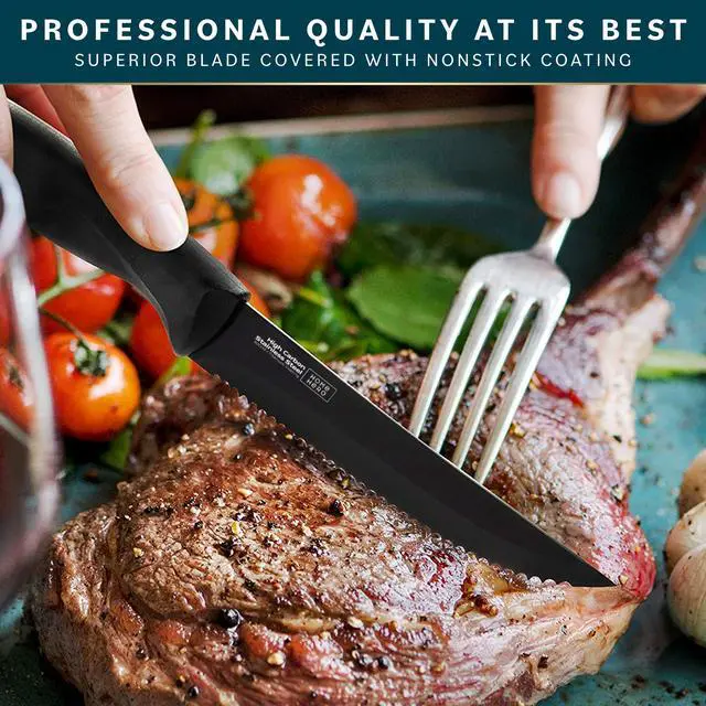 Alt view image 2 of 7 - Steak Knife Set - Nonstick Serrated Steak Knives - Stainless-Steel Kitchen Knife Set - Ergonomic TPR Handles for Precision Meat Carver - 6-Pc Set, Black