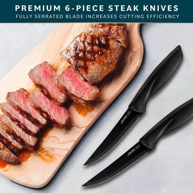 Alt view image 4 of 7 - Steak Knife Set - Nonstick Serrated Steak Knives - Stainless-Steel Kitchen Knife Set - Ergonomic TPR Handles for Precision Meat Carver - 6-Pc Set, Black