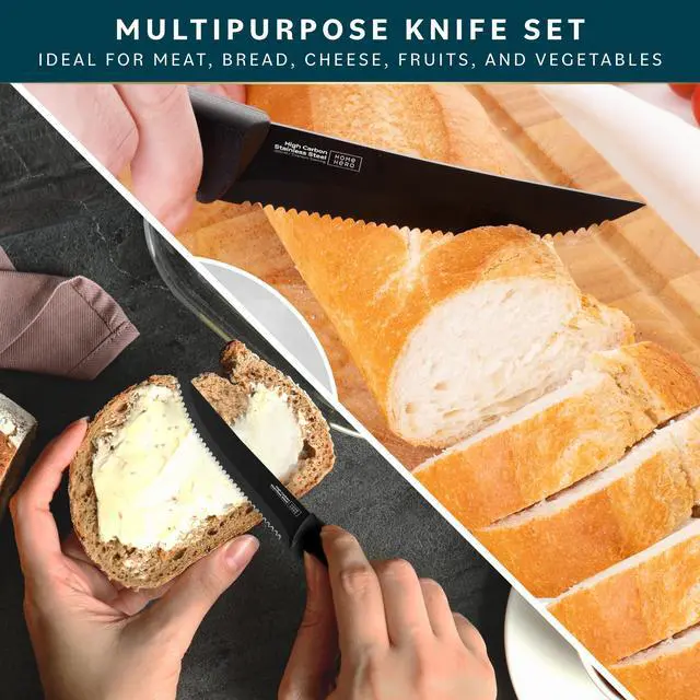 Alt view image 5 of 7 - Steak Knife Set - Nonstick Serrated Steak Knives - Stainless-Steel Kitchen Knife Set - Ergonomic TPR Handles for Precision Meat Carver - 6-Pc Set, Black