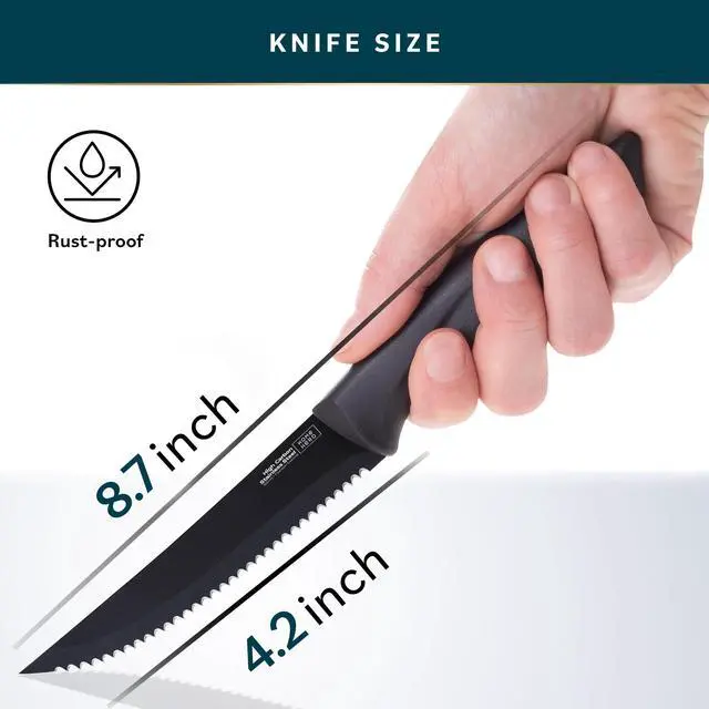 Alt view image 6 of 7 - Steak Knife Set - Nonstick Serrated Steak Knives - Stainless-Steel Kitchen Knife Set - Ergonomic TPR Handles for Precision Meat Carver - 6-Pc Set, Black