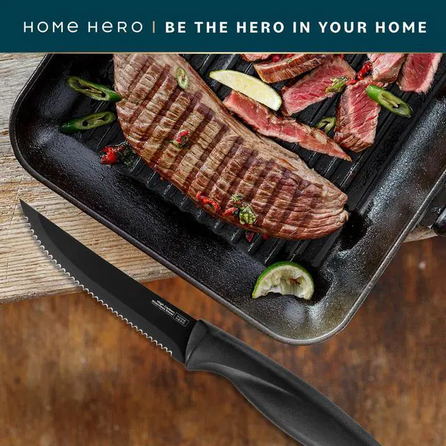 Alt view image 7 of 7 - Steak Knife Set - Nonstick Serrated Steak Knives - Stainless-Steel Kitchen Knife Set - Ergonomic TPR Handles for Precision Meat Carver - 6-Pc Set, Black
