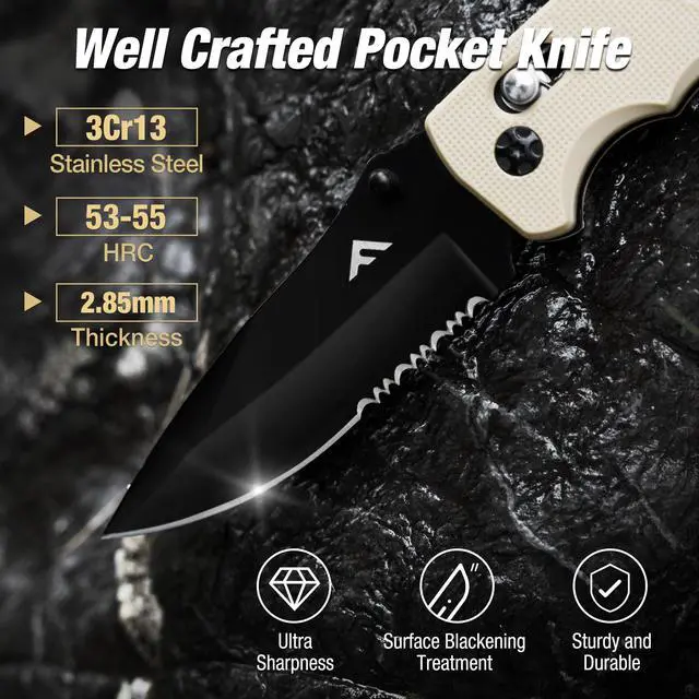 Alt view image 4 of 7 - Folding Pocket Knife with Clip, Glass Breaker and Seatbelt Cutter | Survival Knife, for Emergency Rescue Situations, EDC Knife, for Tactical, Hunting, Camping, Outdoor, Unique Gifts for Father