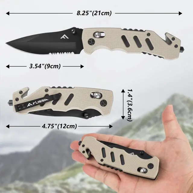 Alt view image 3 of 7 - Folding Pocket Knife with Clip, Glass Breaker and Seatbelt Cutter | Survival Knife, for Emergency Rescue Situations, EDC Knife, for Tactical, Hunting, Camping, Outdoor, Unique Gifts for Father