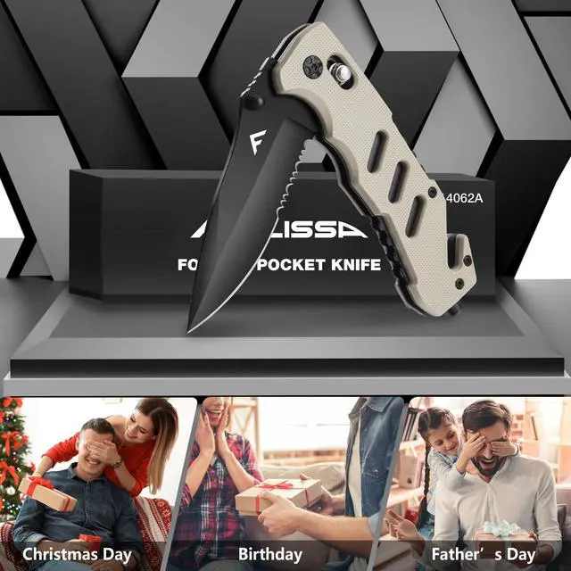 Alt view image 6 of 7 - Folding Pocket Knife with Clip, Glass Breaker and Seatbelt Cutter | Survival Knife, for Emergency Rescue Situations, EDC Knife, for Tactical, Hunting, Camping, Outdoor, Unique Gifts for Father