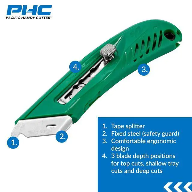 Alt view image 3 of 7 - S4R Safety Cutter, Retractable Utility Knife with an Ergonomical Design, Bladeless Tape Splitter, Steel Guard for Safety and Damage Protection, for Warehouse and In-Store Cutting , Green