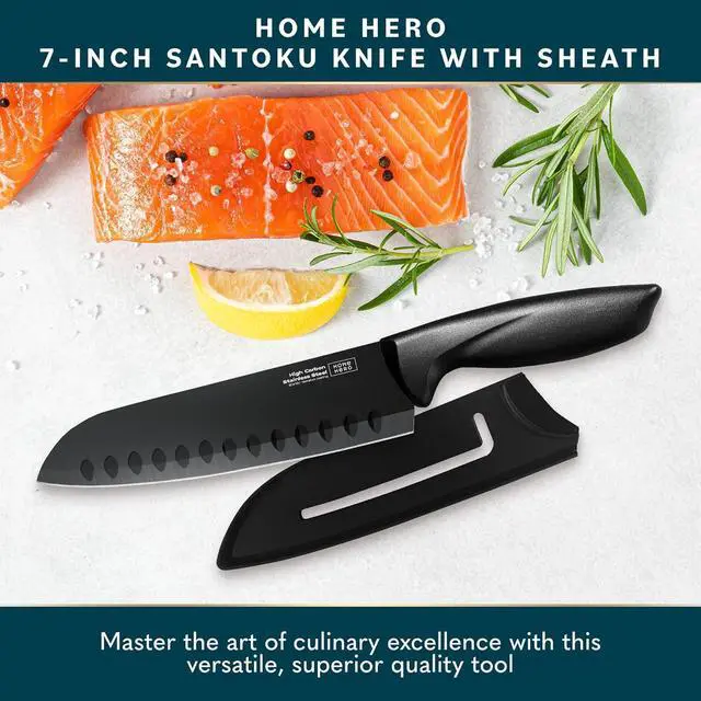 Alt view image 2 of 7 - Santoku Knife with Sheath - High Carbon Stainless Steel Knife | High Carbon Stainless Steel Santoku Knife - Nonstick Blade, Ergonomic Handle & Protective Sheath (7-Inch)