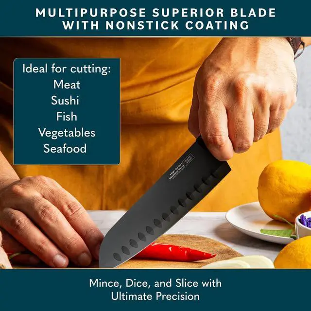 Alt view image 3 of 7 - Santoku Knife with Sheath - High Carbon Stainless Steel Knife | High Carbon Stainless Steel Santoku Knife - Nonstick Blade, Ergonomic Handle & Protective Sheath (7-Inch)