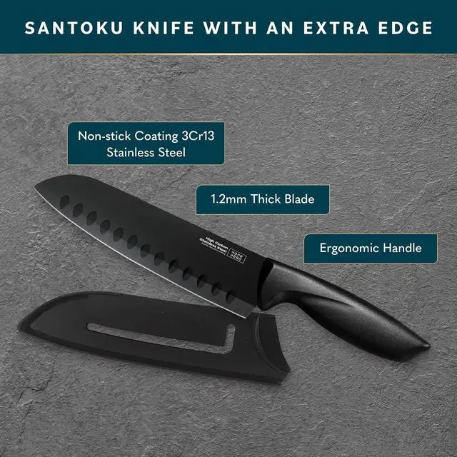 Alt view image 4 of 7 - Santoku Knife with Sheath - High Carbon Stainless Steel Knife | High Carbon Stainless Steel Santoku Knife - Nonstick Blade, Ergonomic Handle & Protective Sheath (7-Inch)