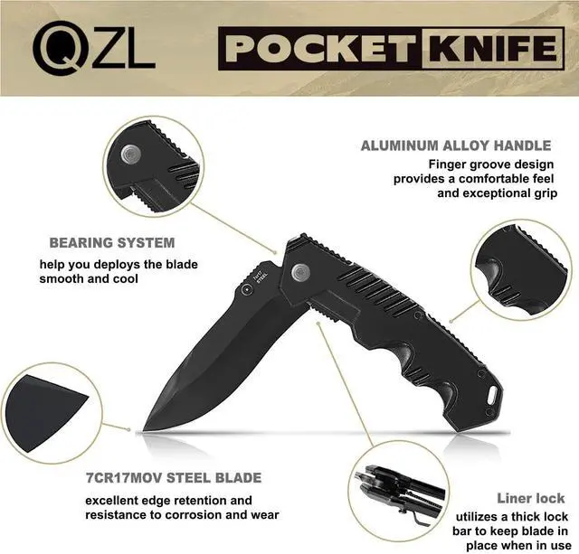 Alt view image 2 of 7 - Pocket Knife for Men, Folding Knife with Clip, EDC Pocket Knives with Flipper Open and Liner Lock, Sharp Tactical Knife for Outdoor Survival Camping Hunting Fishing, Cool Knifes for Dad, Mens Gift