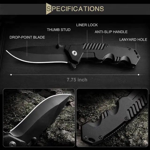 Alt view image 3 of 7 - Pocket Knife for Men, Folding Knife with Clip, EDC Pocket Knives with Flipper Open and Liner Lock, Sharp Tactical Knife for Outdoor Survival Camping Hunting Fishing, Cool Knifes for Dad, Mens Gift