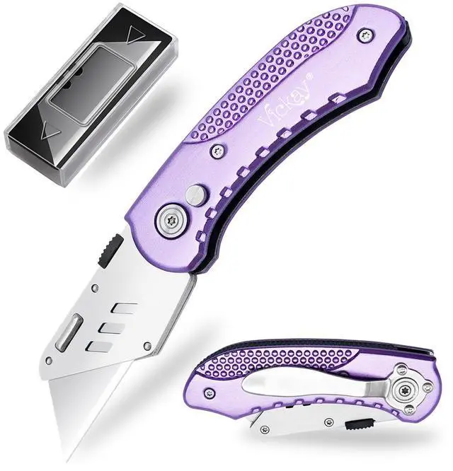 Main image of Folding Utility Knife, Heavy Duty Box Cutter Purple, Razor Knife | Quick Change SK5 Blades, Lightweight Aluminum Handle, Back-lock Mechanism, for Cartons, Cardboard, Boxes, Carpet, Leather