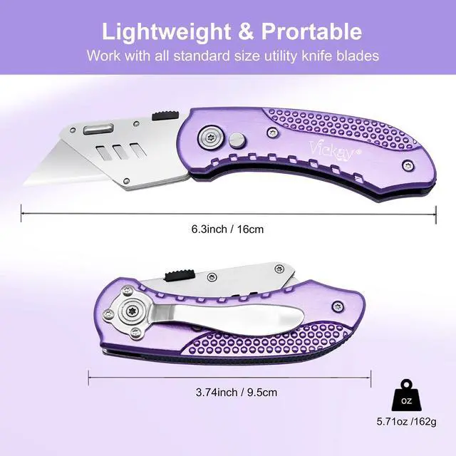 Alt view image 2 of 6 - Folding Utility Knife, Heavy Duty Box Cutter Purple, Razor Knife | Quick Change SK5 Blades, Lightweight Aluminum Handle, Back-lock Mechanism, for Cartons, Cardboard, Boxes, Carpet, Leather