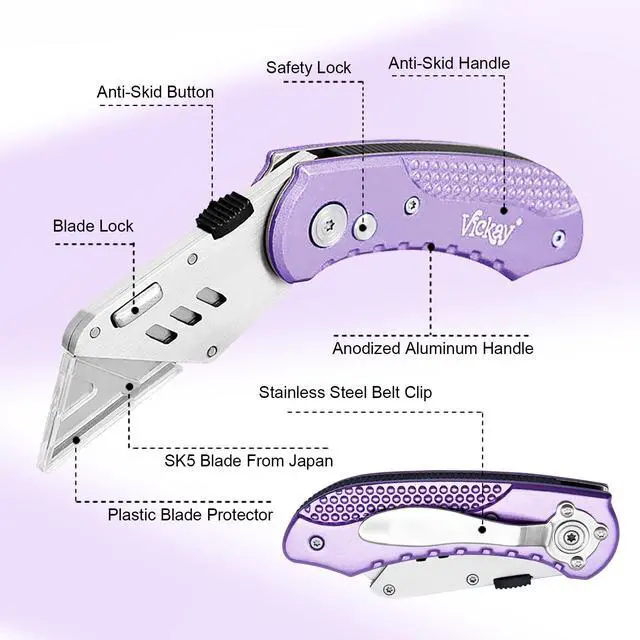 Alt view image 3 of 6 - Folding Utility Knife, Heavy Duty Box Cutter Purple, Razor Knife | Quick Change SK5 Blades, Lightweight Aluminum Handle, Back-lock Mechanism, for Cartons, Cardboard, Boxes, Carpet, Leather