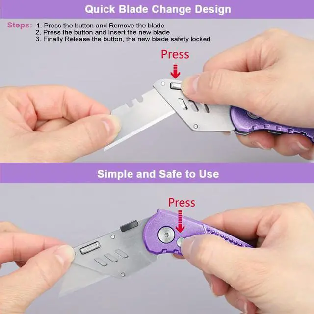 Alt view image 4 of 6 - Folding Utility Knife, Heavy Duty Box Cutter Purple, Razor Knife | Quick Change SK5 Blades, Lightweight Aluminum Handle, Back-lock Mechanism, for Cartons, Cardboard, Boxes, Carpet, Leather