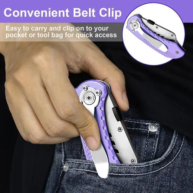 Alt view image 6 of 6 - Folding Utility Knife, Heavy Duty Box Cutter Purple, Razor Knife | Quick Change SK5 Blades, Lightweight Aluminum Handle, Back-lock Mechanism, for Cartons, Cardboard, Boxes, Carpet, Leather
