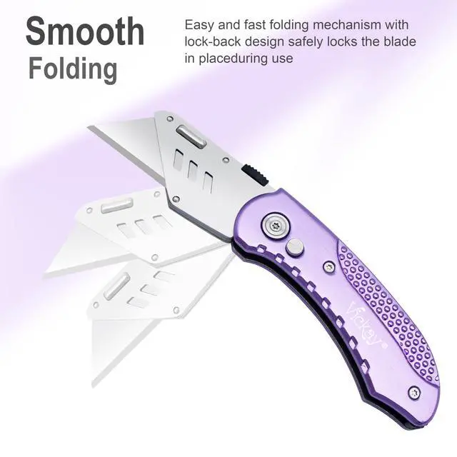 Alt view image 5 of 6 - Folding Utility Knife, Heavy Duty Box Cutter Purple, Razor Knife | Quick Change SK5 Blades, Lightweight Aluminum Handle, Back-lock Mechanism, for Cartons, Cardboard, Boxes, Carpet, Leather