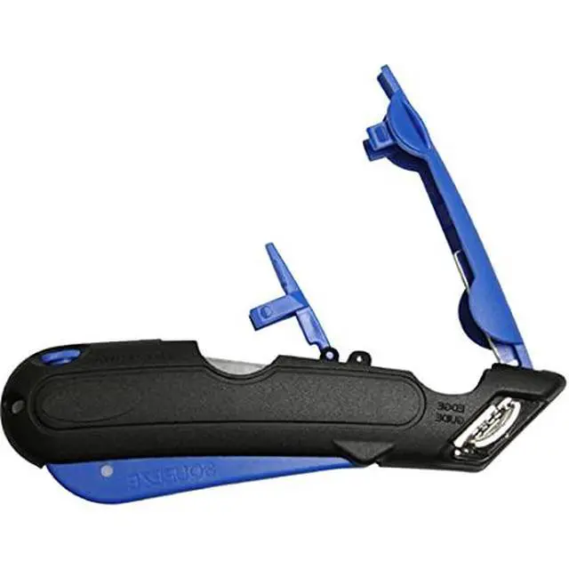 Alt view image 2 of 2 - EZ-1000 Safety Box Cutter Utility Knife, 3 Blade Depth Setting, Squeeze Trigger and Dual Side Edge Guide, 2 Blades, Holster and Lanyard (Blue)