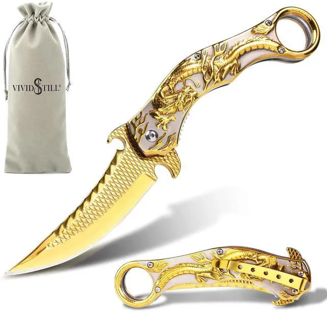 Main image of Pocket Knife for Men, Cool Folding Knife With 3D Golden Dragon Relief, Great Gift Edc Knife For Men Outdoor Survival Camping Hiking Hunting