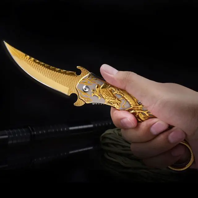 Alt view image 2 of 6 - Pocket Knife for Men, Cool Folding Knife With 3D Golden Dragon Relief, Great Gift Edc Knife For Men Outdoor Survival Camping Hiking Hunting
