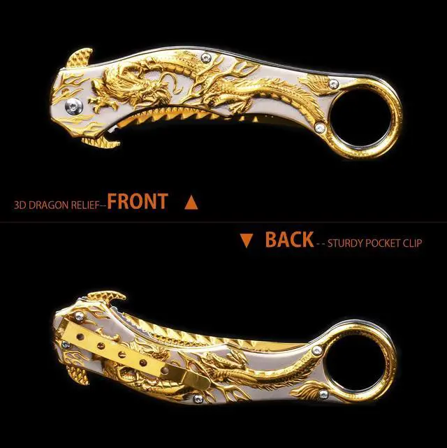 Alt view image 3 of 6 - Pocket Knife for Men, Cool Folding Knife With 3D Golden Dragon Relief, Great Gift Edc Knife For Men Outdoor Survival Camping Hiking Hunting