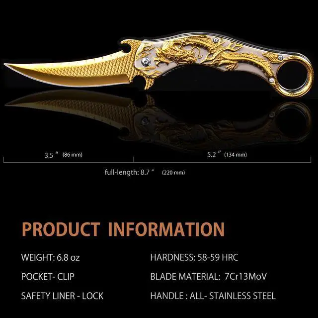 Alt view image 4 of 6 - Pocket Knife for Men, Cool Folding Knife With 3D Golden Dragon Relief, Great Gift Edc Knife For Men Outdoor Survival Camping Hiking Hunting