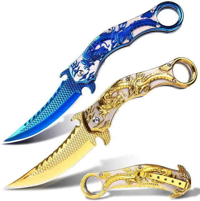 Alt view image 6 of 6 - Pocket Knife for Men, Cool Folding Knife With 3D Golden Dragon Relief, Great Gift Edc Knife For Men Outdoor Survival Camping Hiking Hunting
