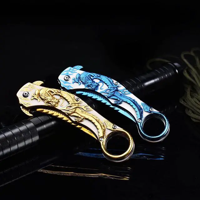 Alt view image 5 of 6 - Pocket Knife for Men, Cool Folding Knife With 3D Golden Dragon Relief, Great Gift Edc Knife For Men Outdoor Survival Camping Hiking Hunting