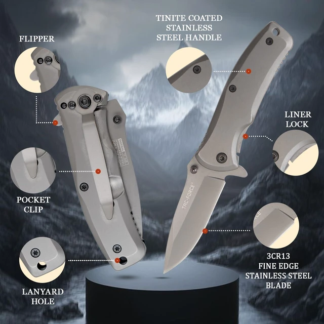 Alt view image 3 of 3 - TiNite Coated Folding Pocket Knife 2.75" Stainless Steel Blade, Frame Lock, Black Stainless Steel Handle, Pocket Clip, 6.25" Overall Length (Grey)
