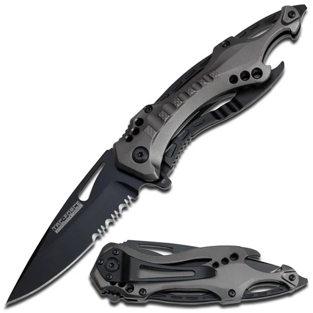 Main image of Folding Pocket Knife, 3.25-inch Serrated Blade, Grey Aluminum Handle, 7.75-inch Overall Length TF-705GY
