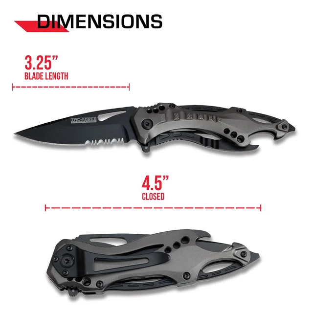 Alt view image 2 of 6 - Folding Pocket Knife, 3.25-inch Serrated Blade, Grey Aluminum Handle, 7.75-inch Overall Length TF-705GY