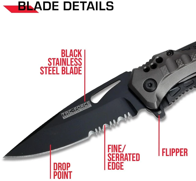 Alt view image 3 of 6 - Folding Pocket Knife, 3.25-inch Serrated Blade, Grey Aluminum Handle, 7.75-inch Overall Length TF-705GY