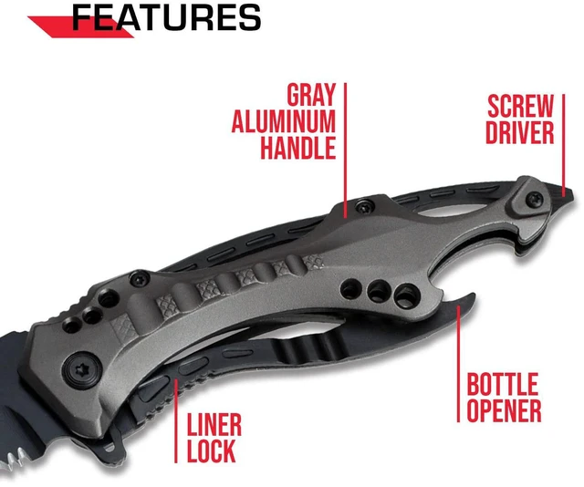 Alt view image 4 of 6 - Folding Pocket Knife, 3.25-inch Serrated Blade, Grey Aluminum Handle, 7.75-inch Overall Length TF-705GY