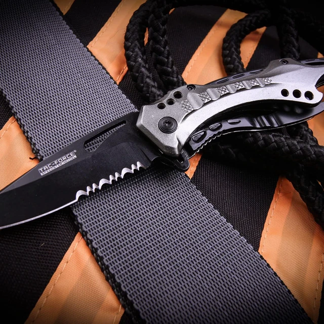 Alt view image 5 of 6 - Folding Pocket Knife, 3.25-inch Serrated Blade, Grey Aluminum Handle, 7.75-inch Overall Length TF-705GY