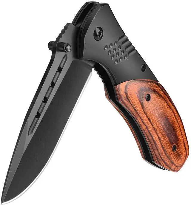 Main image of Pocket Knife for Men, Wood Handle Folding Knives, Large, Black | Liner Lock, Deep Pocket Clip, Glass Breaker, Thumb Stud, Anti-Slip Ergonomic Design, EDC for Survival Camping Fishing Women