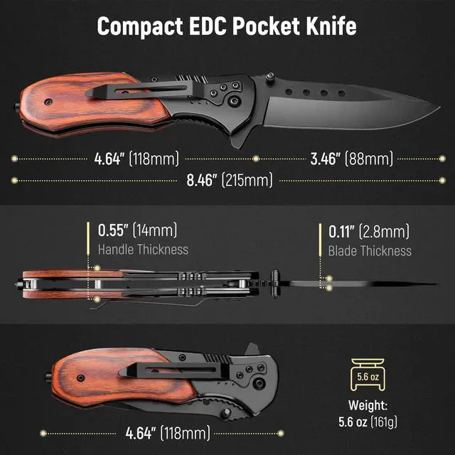 Alt view image 2 of 7 - Pocket Knife for Men, Wood Handle Folding Knives, Large, Black | Liner Lock, Deep Pocket Clip, Glass Breaker, Thumb Stud, Anti-Slip Ergonomic Design, EDC for Survival Camping Fishing Women