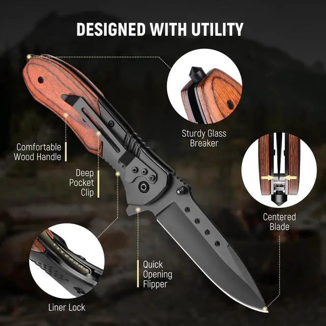 Alt view image 3 of 7 - Pocket Knife for Men, Wood Handle Folding Knives, Large, Black | Liner Lock, Deep Pocket Clip, Glass Breaker, Thumb Stud, Anti-Slip Ergonomic Design, EDC for Survival Camping Fishing Women