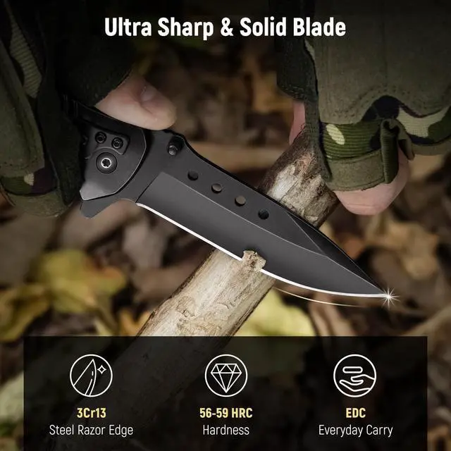 Alt view image 4 of 7 - Pocket Knife for Men, Wood Handle Folding Knives, Large, Black | Liner Lock, Deep Pocket Clip, Glass Breaker, Thumb Stud, Anti-Slip Ergonomic Design, EDC for Survival Camping Fishing Women
