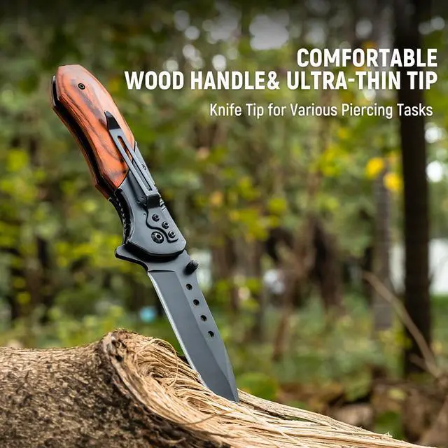 Alt view image 6 of 7 - Pocket Knife for Men, Wood Handle Folding Knives, Large, Black | Liner Lock, Deep Pocket Clip, Glass Breaker, Thumb Stud, Anti-Slip Ergonomic Design, EDC for Survival Camping Fishing Women