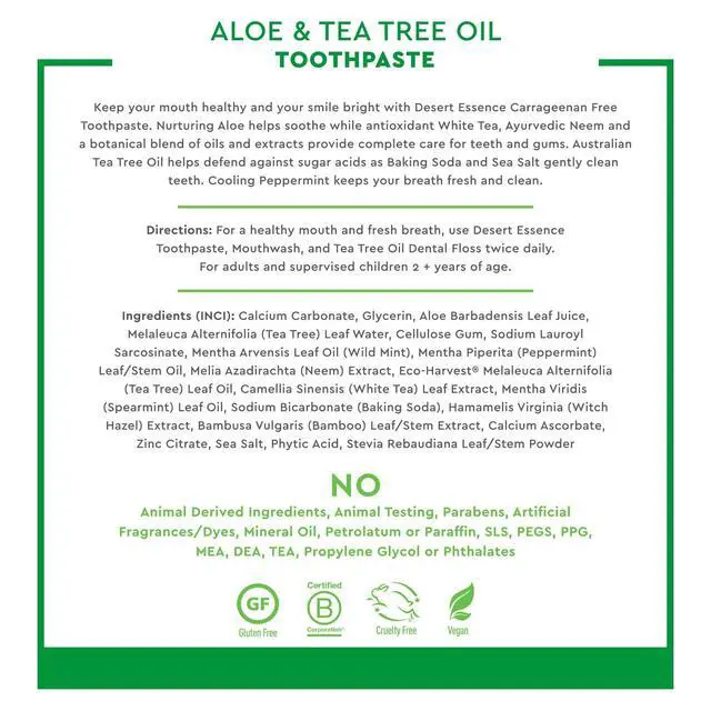 Alt view image 2 of 7 - Aloe & Tea Tree Oil Toothpaste, Flouride Free, SLS Free, Carrageenan Free, Vegan, Gluten Free, Peppermint, 6.25 oz.