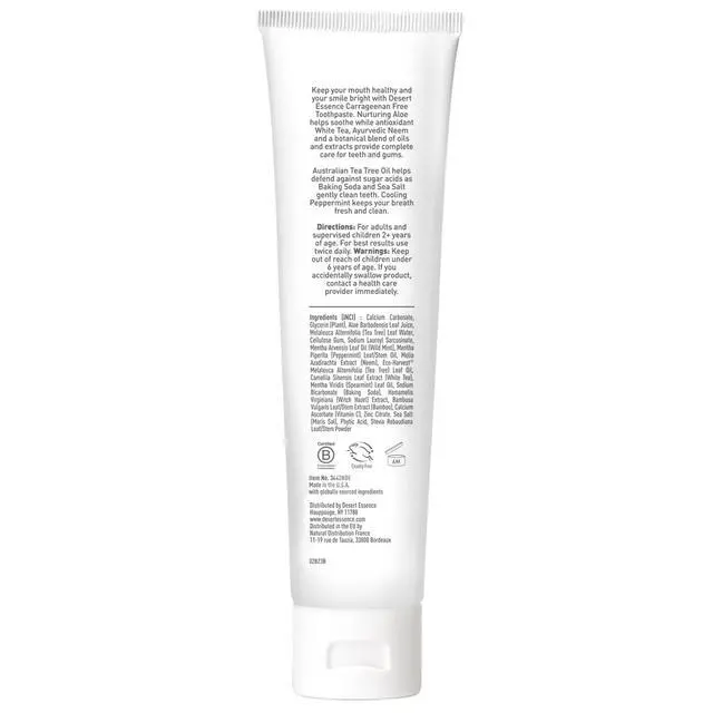 Alt view image 6 of 7 - Aloe & Tea Tree Oil Toothpaste, Flouride Free, SLS Free, Carrageenan Free, Vegan, Gluten Free, Peppermint, 6.25 oz.