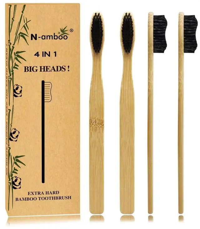 Main image of Super Hard Toothbrush Bamboo Toothbrush Large Brush Head Manual Toothbrsuh Hard Bristles Pack of 4