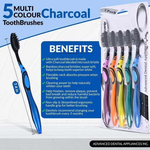 Alt view image 2 of 7 - ADA Cavity Defense Activated Charcoal Toothbrush 5 Pack Ultra-Soft Flosspick Bristle for Sensitive Teeth & Gums, Aids in Teeth Whitening, Extra Soft, Easy Grip (5 Count)