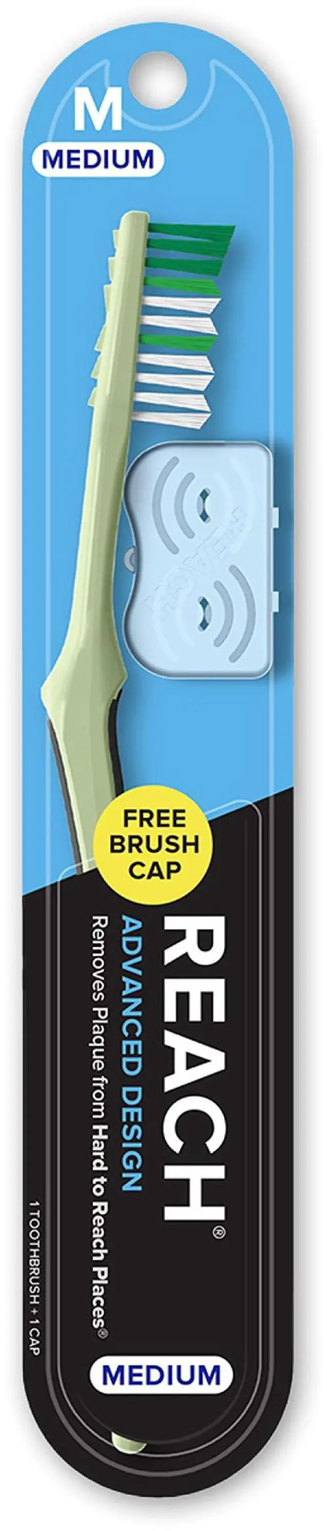 Main image of Advanced Design Medium Bristle Toothbrush with Cap, 1 Count | Angled neck, Reach Tip, Multi-level bristles, Contoured handle, Tongue scraper