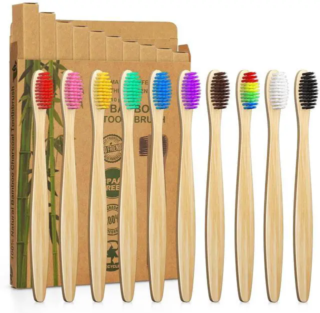 Main image of 10 Vibrant Colors Bamboo Toothbrushes | BPA Free Soft Bristles Toothbrushes | Biodegradable & Compostable Eco-Friendly Toothbrushes | Natural Wooden Toothbrush - 100% Recycled Packaging