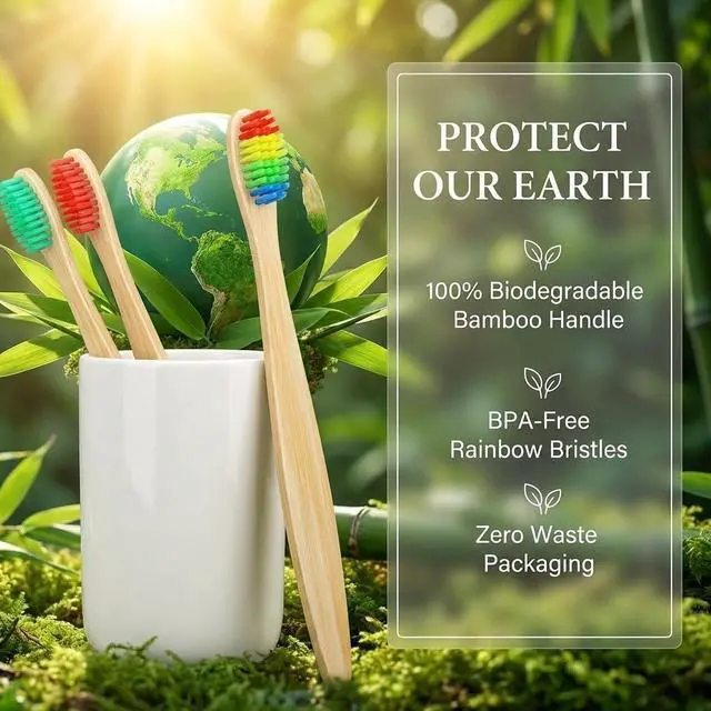 Alt view image 5 of 7 - 10 Vibrant Colors Bamboo Toothbrushes | BPA Free Soft Bristles Toothbrushes | Biodegradable & Compostable Eco-Friendly Toothbrushes | Natural Wooden Toothbrush - 100% Recycled Packaging