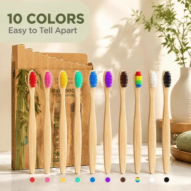 Alt view image 2 of 7 - 10 Vibrant Colors Bamboo Toothbrushes | BPA Free Soft Bristles Toothbrushes | Biodegradable & Compostable Eco-Friendly Toothbrushes | Natural Wooden Toothbrush - 100% Recycled Packaging