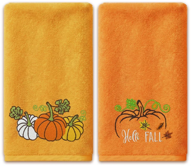 Main image of Fall Hand Towels, Orange Embroidered Towel, Fall Bathroom Decor | Pumpkin Bathroom Towels, Autumn,14" x 30", Yellow, Kitchen Decorations for Drying, Cleaning, Cooking