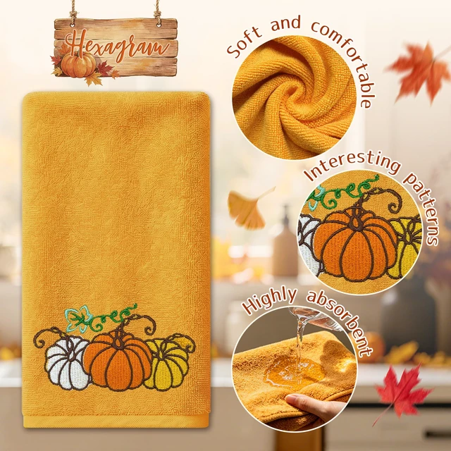 Alt view image 3 of 7 - Fall Hand Towels, Orange Embroidered Towel, Fall Bathroom Decor | Pumpkin Bathroom Towels, Autumn,14" x 30", Yellow, Kitchen Decorations for Drying, Cleaning, Cooking
